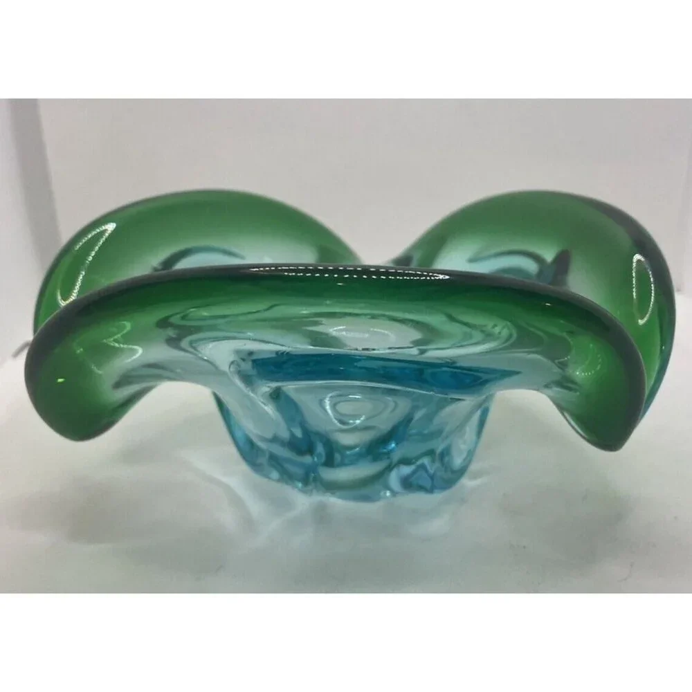 Studio Art Glass Dish Bowl Green Blue Clear Smooth Bottom 8